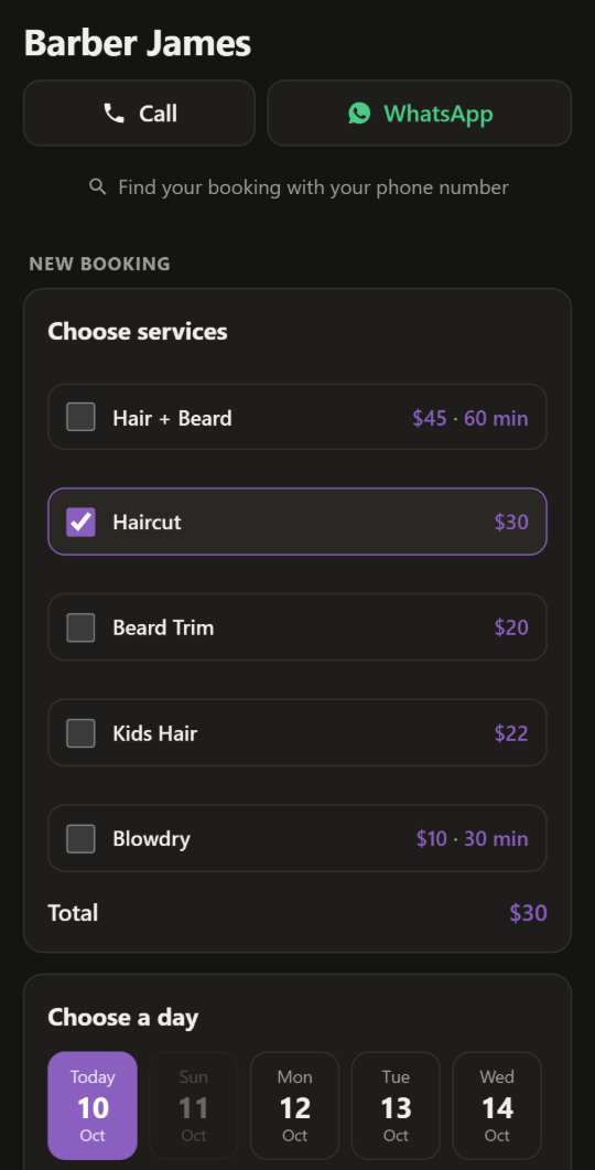 BarberNote online booking page: the client picks a service and a day from the barber's link